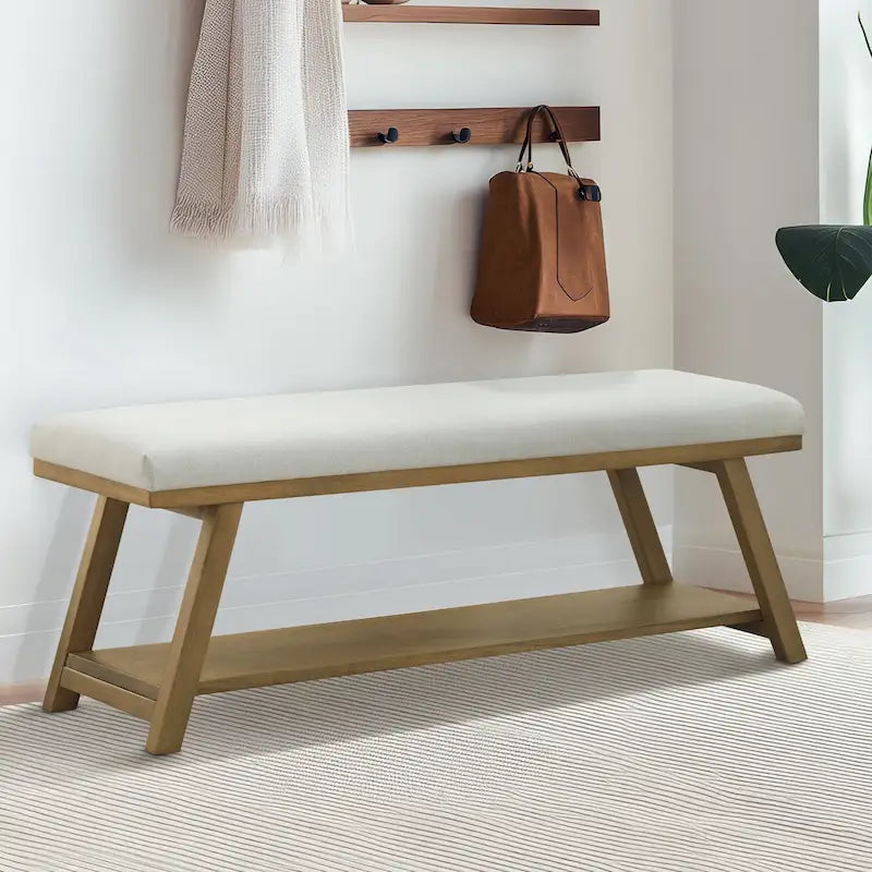 Banc de rangement capitonné avec structure en bois massif – Beige / Gris / Gris clair