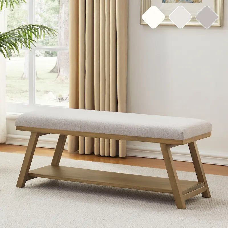 Banc de rangement capitonné avec structure en bois massif – Beige / Gris / Gris clair