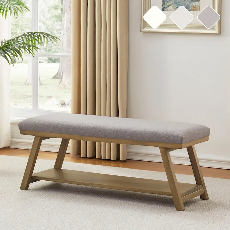 Banc de rangement capitonné avec structure en bois massif – Beige / Gris / Gris clair
