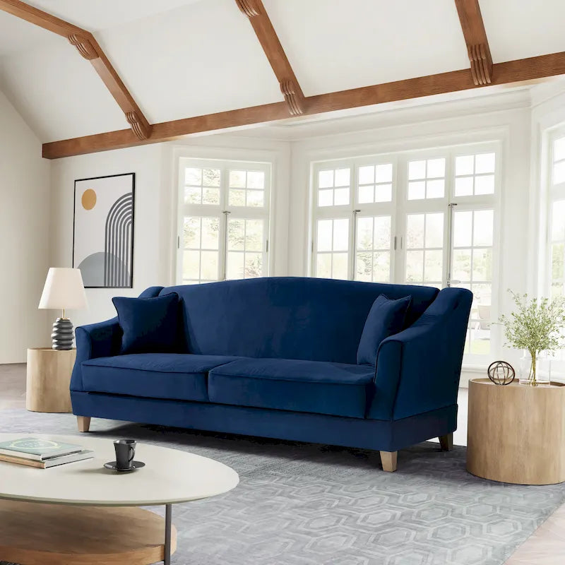 Canapé convertible en tissu tissé crème/bleu marine avec rangement et 2 coussins décoratifs