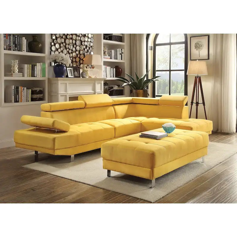 Pouffe ottoman rembourré en lin contemporain jaune, 2 places