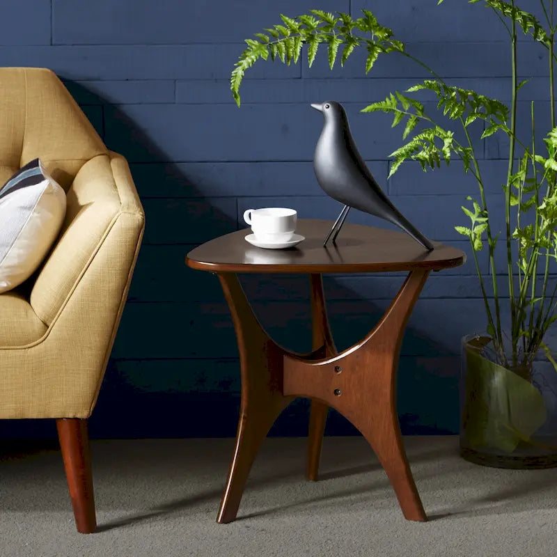 Table d'appoint mi-siècle en bois, dessus triangulaire marron/marron clair, une pièce