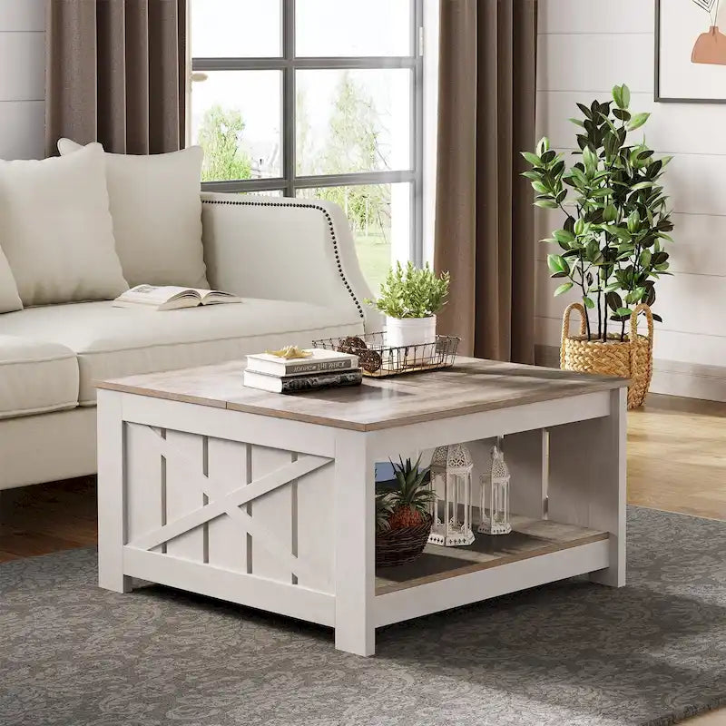 Table basse de rangement à 2 niveaux, carrée, gris/marron clair, un seul plateau