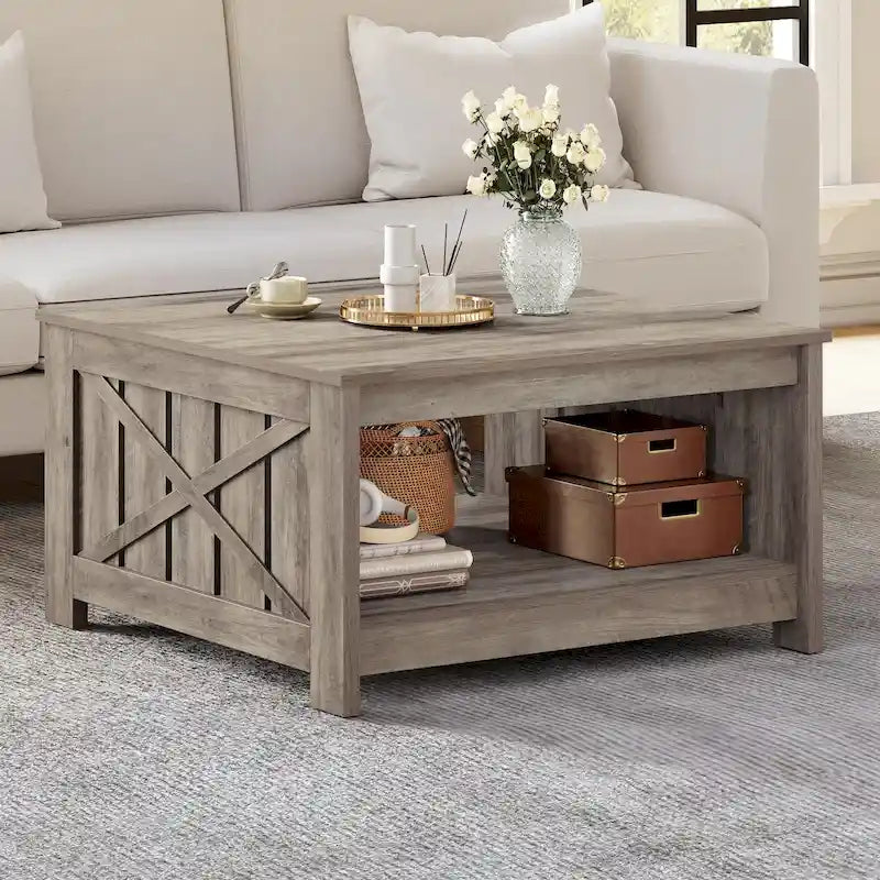Table basse de rangement à 2 niveaux, carrée, gris/marron clair, un seul plateau