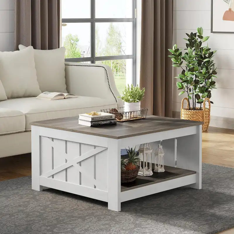 Table basse de rangement à 2 niveaux, carrée, gris/marron clair, un seul plateau