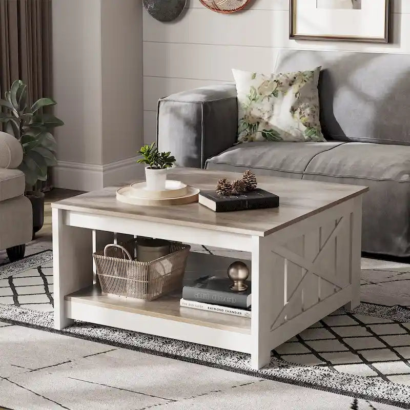 Table basse de rangement à 2 niveaux, carrée, gris/marron clair, un seul plateau