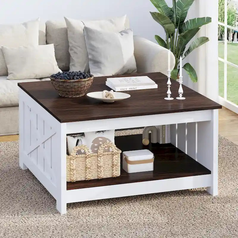 Table basse de rangement à 2 niveaux, carrée, gris/marron clair, un seul plateau