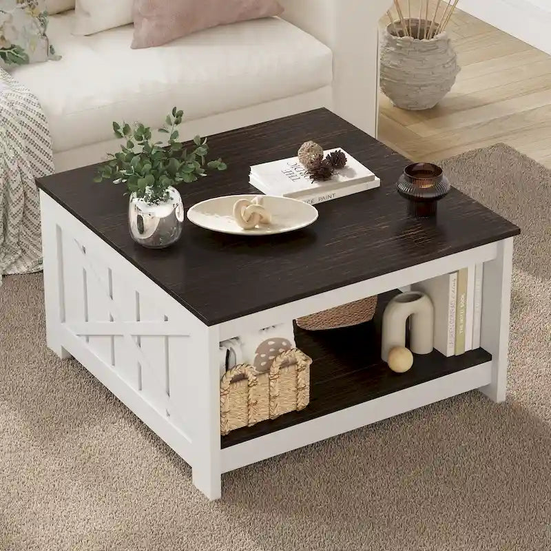 Table basse de rangement à 2 niveaux, carrée, gris/marron clair, un seul plateau