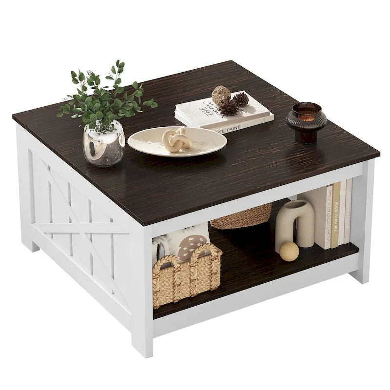 Table basse de rangement à 2 niveaux, carrée, gris/marron clair, un seul plateau