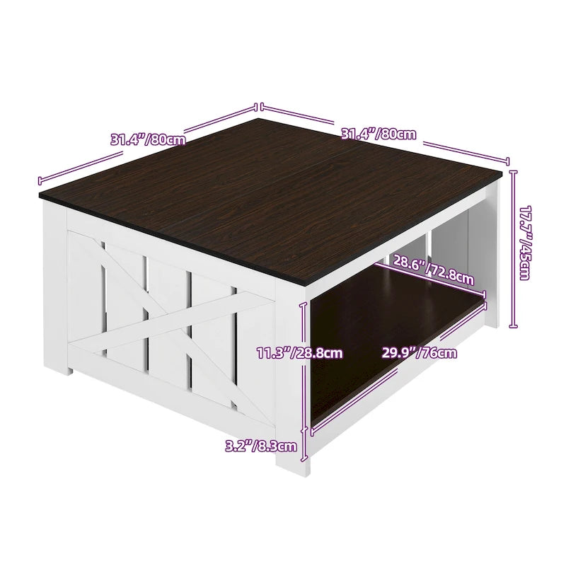 Table basse de rangement à 2 niveaux, carrée, gris/marron clair, un seul plateau