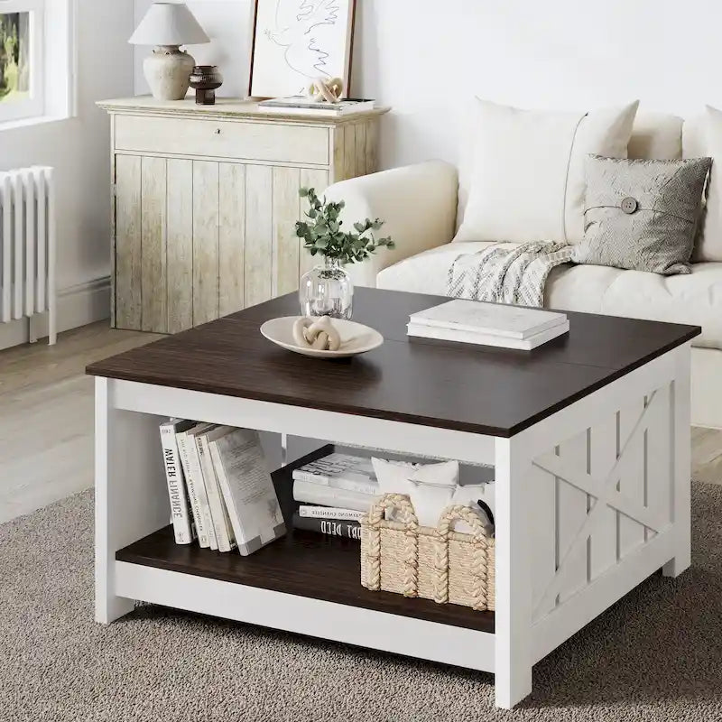 Table basse de rangement à 2 niveaux, carrée, gris/marron clair, un seul plateau