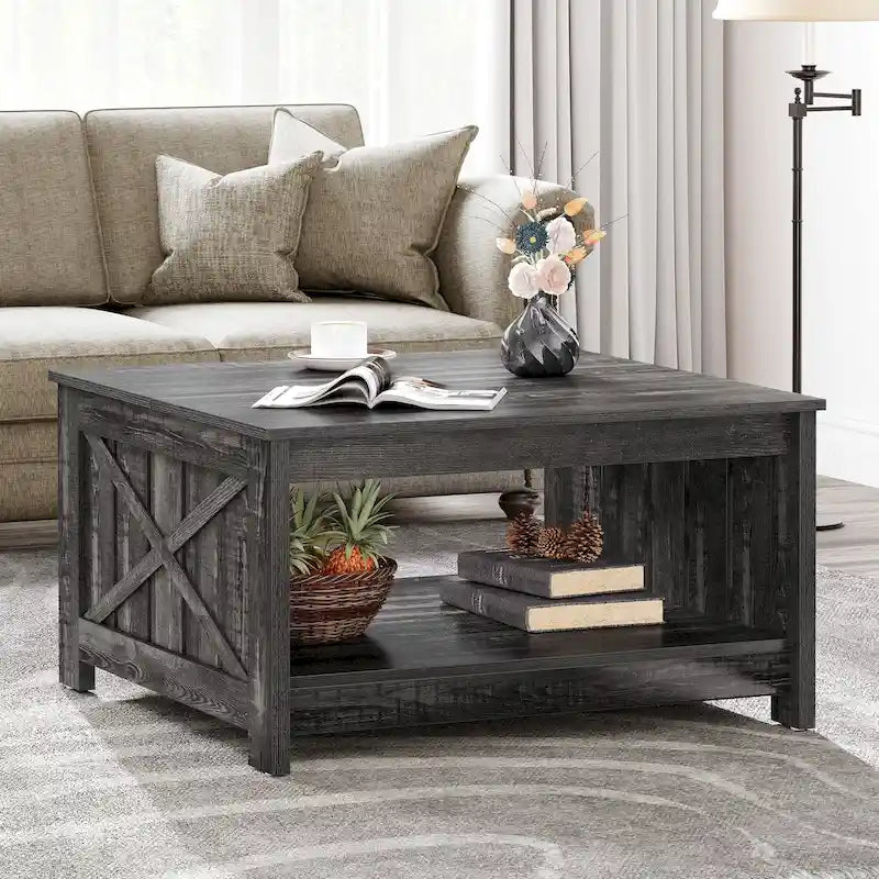Table basse de rangement à 2 niveaux, carrée, gris/marron clair, un seul plateau