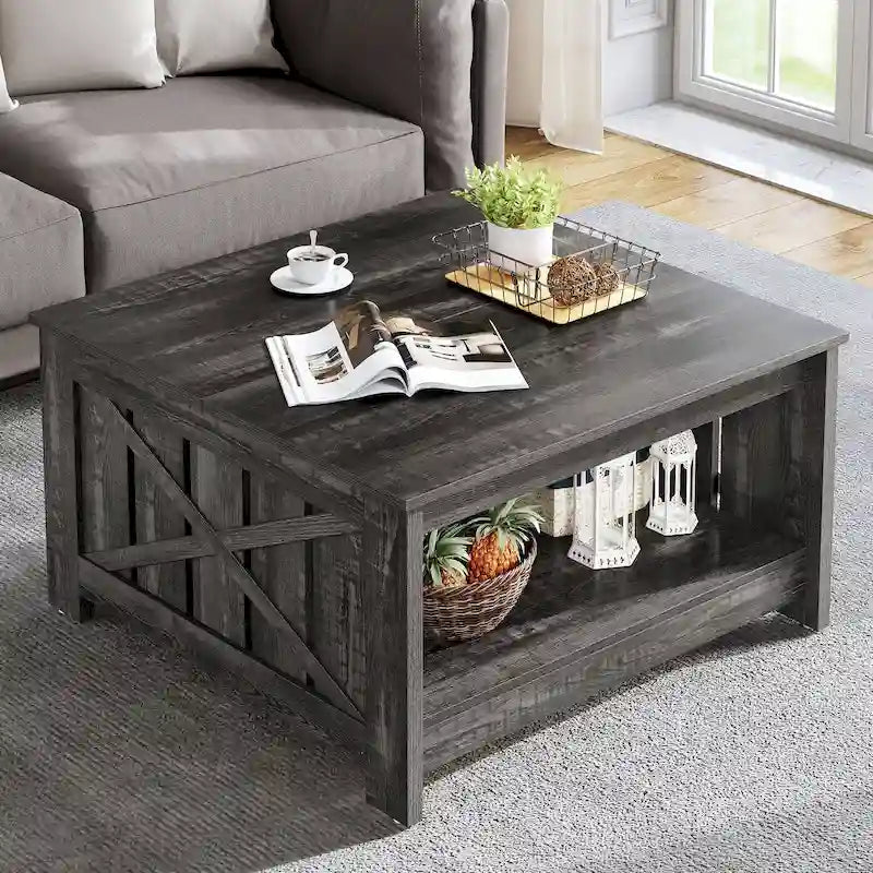 Table basse de rangement à 2 niveaux, carrée, gris/marron clair, un seul plateau