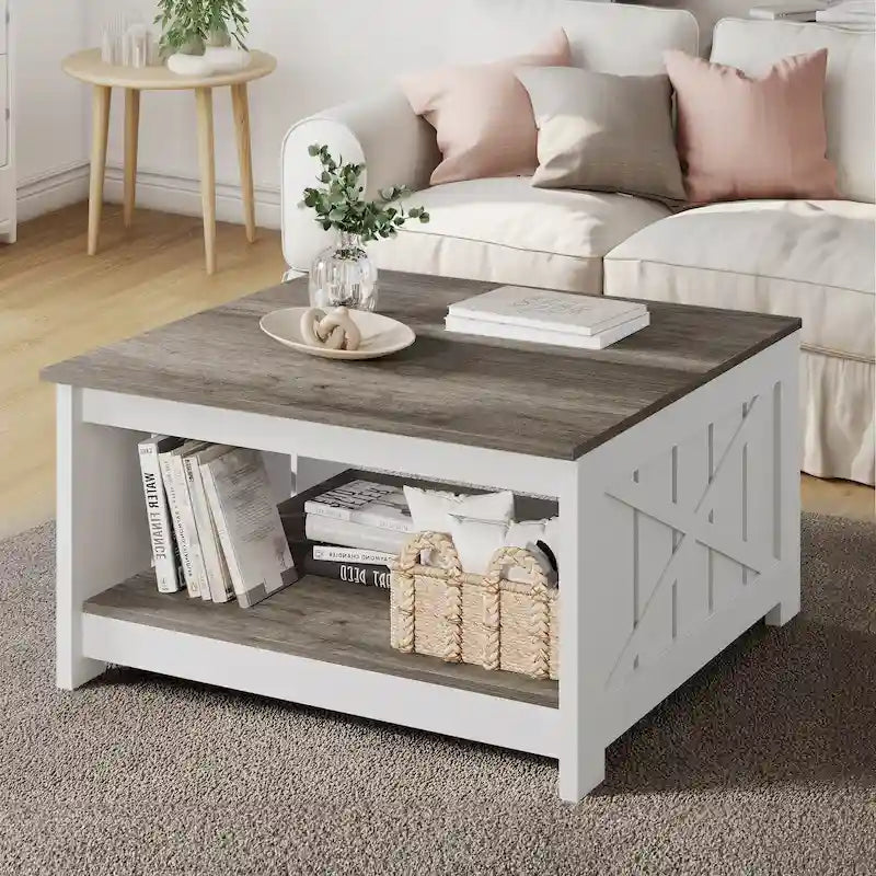 Table basse de rangement à 2 niveaux, carrée, gris/marron clair, un seul plateau