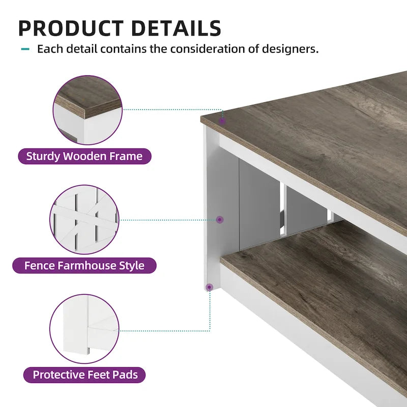 Table basse de rangement à 2 niveaux, carrée, gris/marron clair, un seul plateau