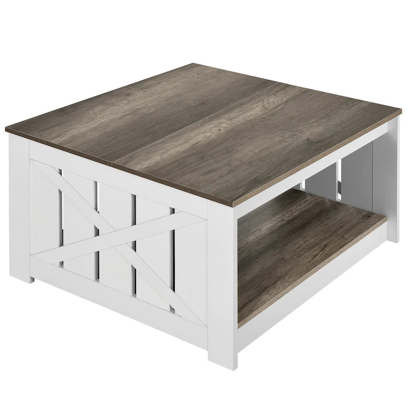 Table basse de rangement à 2 niveaux, carrée, gris/marron clair, un seul plateau