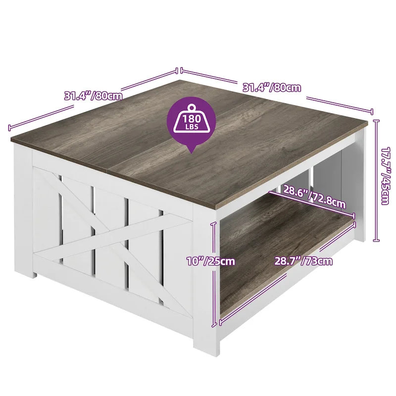 Table basse de rangement à 2 niveaux, carrée, gris/marron clair, un seul plateau
