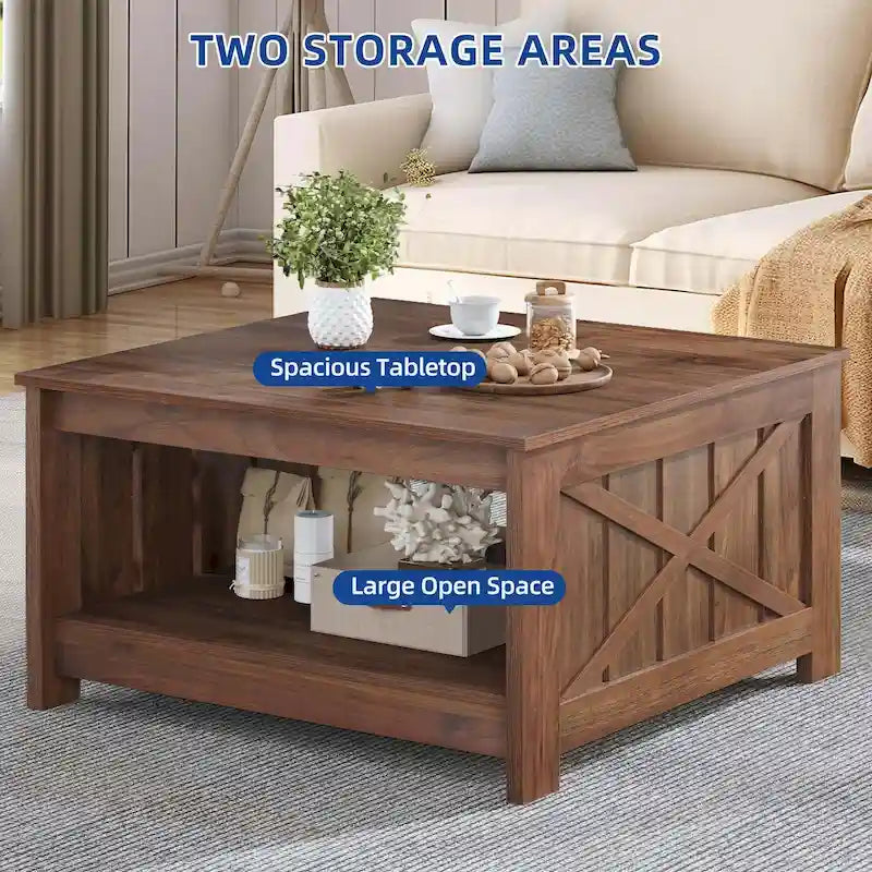 Table basse de rangement à 2 niveaux, carrée, gris/marron clair, un seul plateau