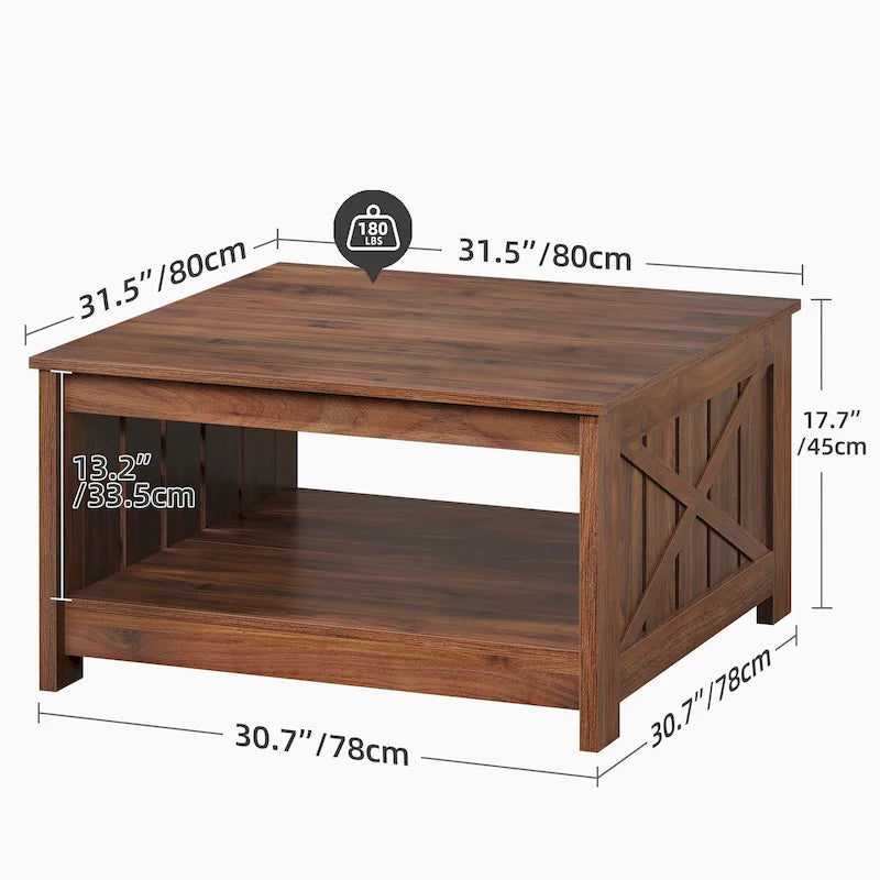 Table basse de rangement à 2 niveaux, carrée, gris/marron clair, un seul plateau