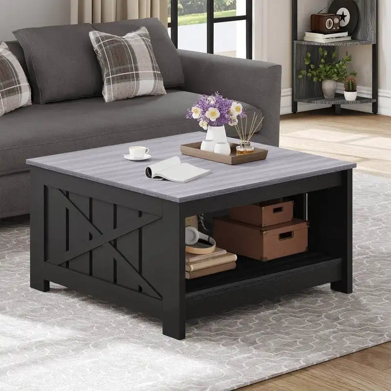 Table basse de rangement à 2 niveaux, carrée, gris/marron clair, un seul plateau
