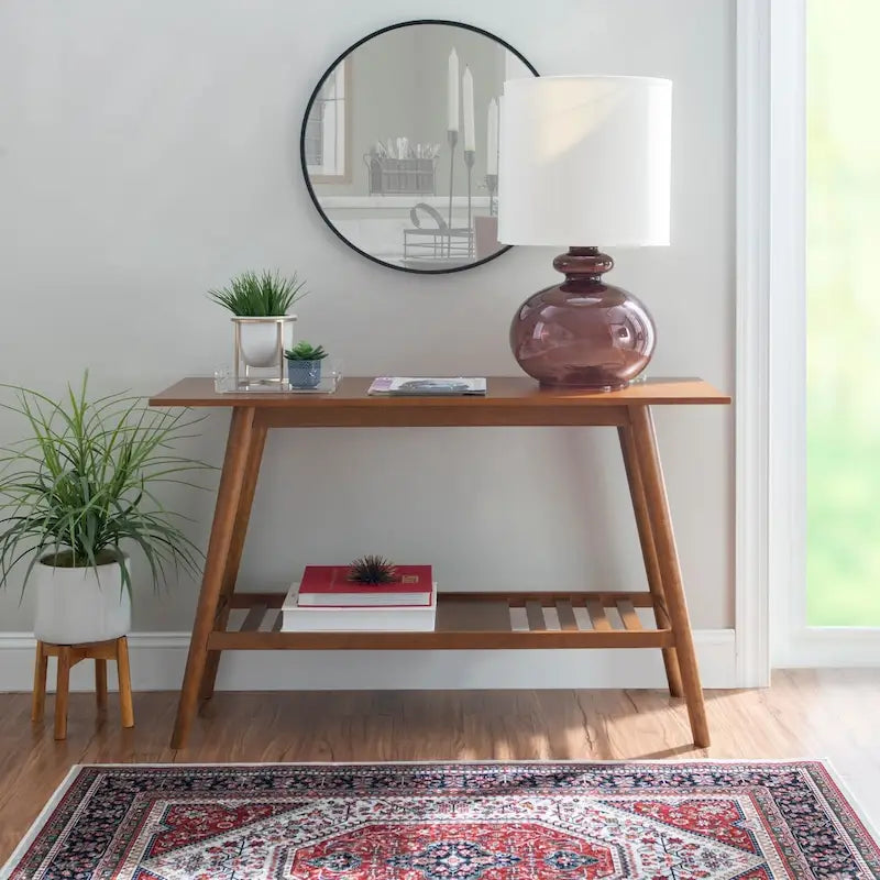 Console de table mi-siècle moderne marron/blanc avec étagère, simple