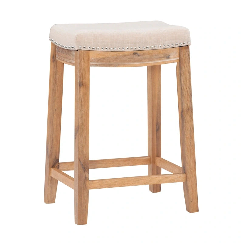 Tabouret de comptoir sans dossier en lin beige/gris avec garniture cloutée, à l'unité