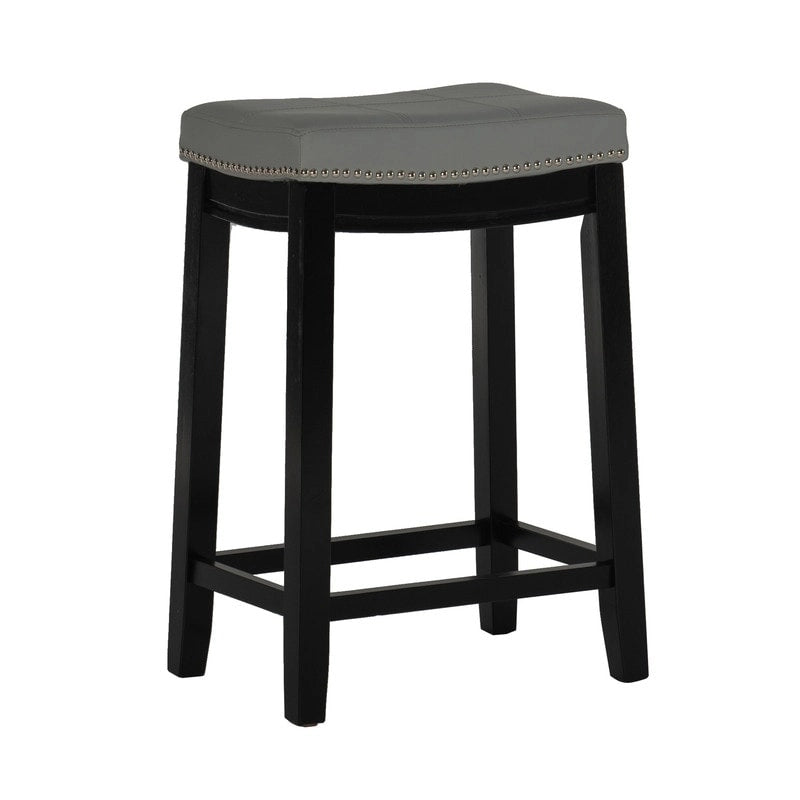 Tabouret de comptoir sans dossier en lin beige/gris avec garniture cloutée, à l'unité
