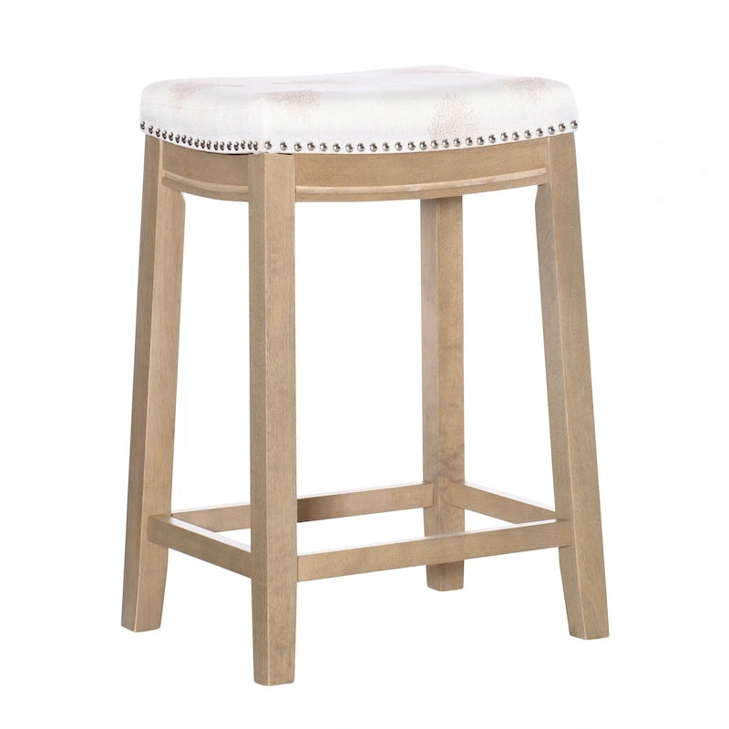 Tabouret de comptoir sans dossier en lin beige/gris avec garniture cloutée, à l'unité
