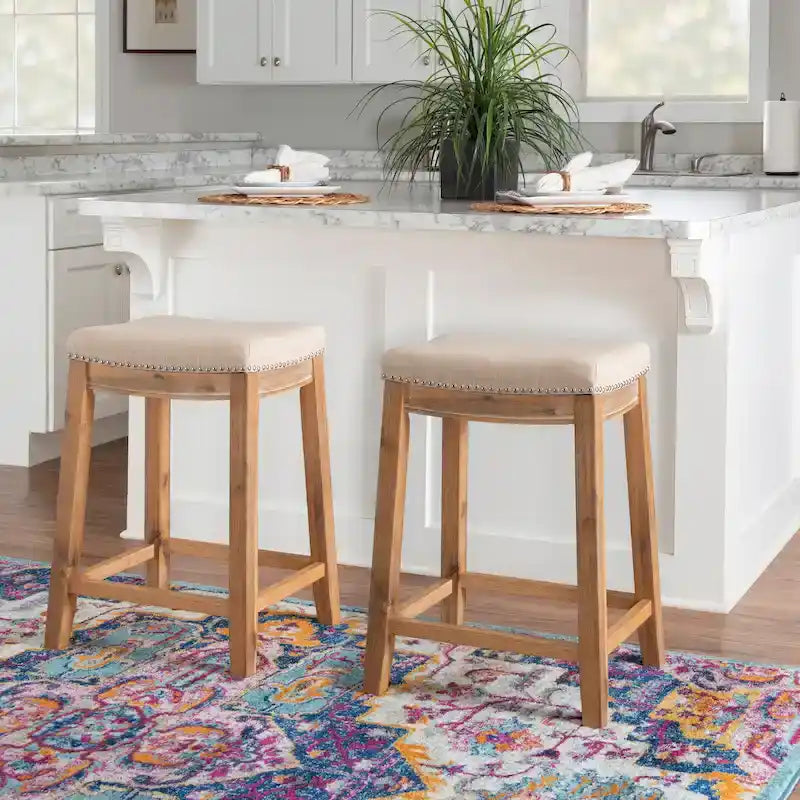 Tabouret de comptoir sans dossier en lin beige/gris avec garniture cloutée, à l'unité