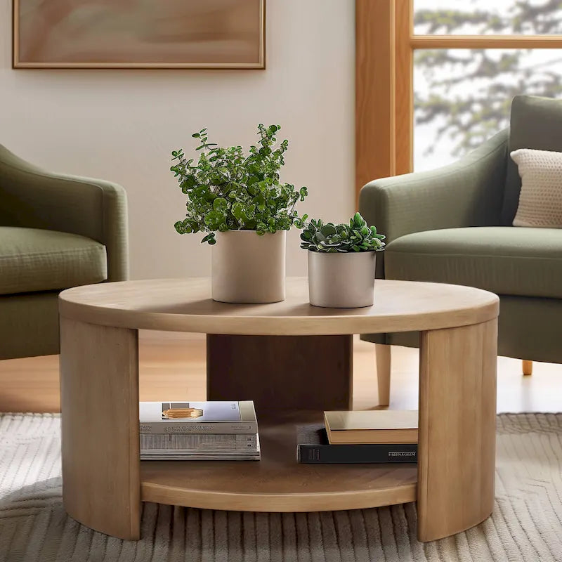 Table Basse Ronde en Bois Naturel avec Étagère Fixe, Simple