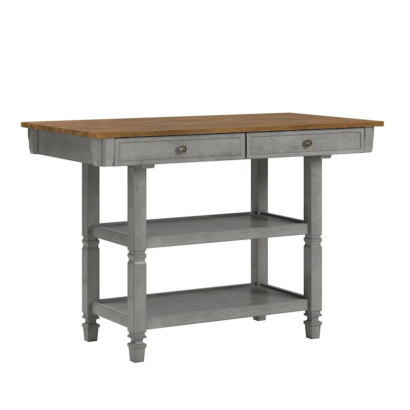 Îlot de cuisine bicolore Chêne / Noir / Gris / Blanc antique avec tiroirs et étagères, Simple