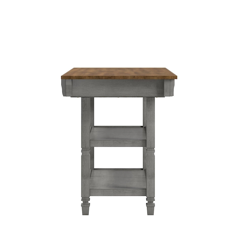 Îlot de cuisine bicolore Chêne / Noir / Gris / Blanc antique avec tiroirs et étagères, Simple