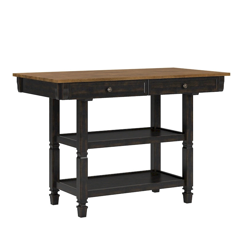 Îlot de cuisine bicolore Chêne / Noir / Gris / Blanc antique avec tiroirs et étagères, Simple