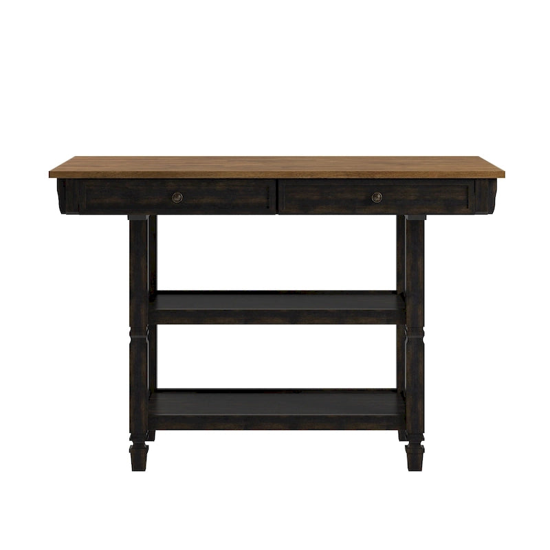 Îlot de cuisine bicolore Chêne / Noir / Gris / Blanc antique avec tiroirs et étagères, Simple