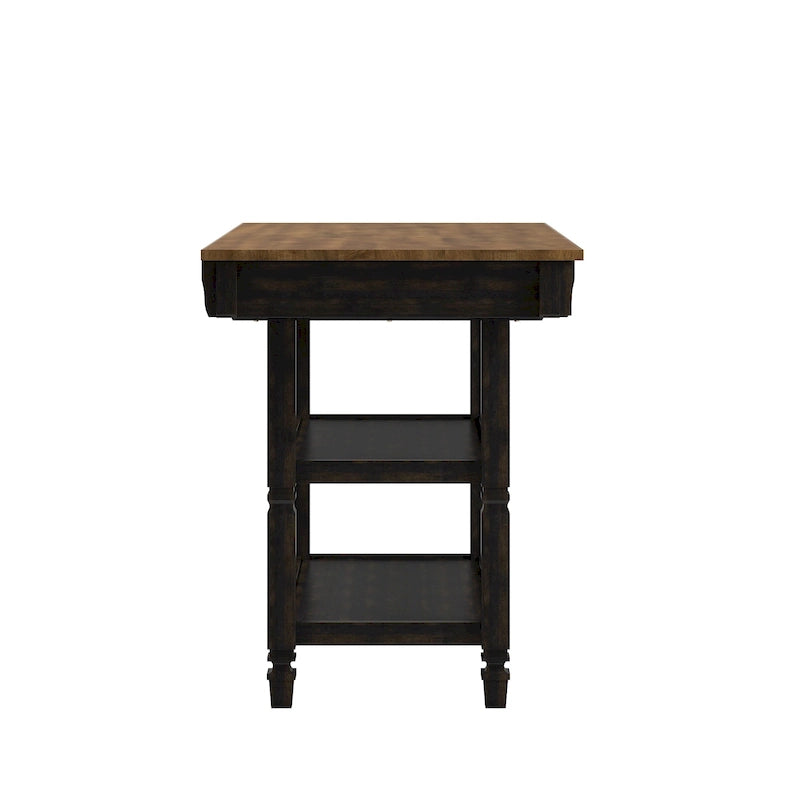 Îlot de cuisine bicolore Chêne / Noir / Gris / Blanc antique avec tiroirs et étagères, Simple