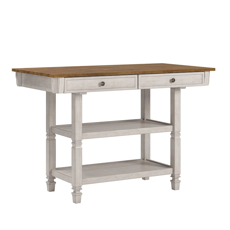 Îlot de cuisine bicolore Chêne / Noir / Gris / Blanc antique avec tiroirs et étagères, Simple