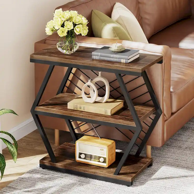 Table d'appoint industrielle marron rustique à 3 niveaux avec cadre en métal, simple