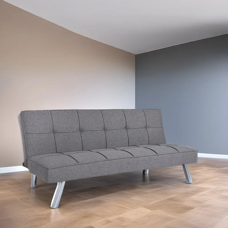 Canapé-lit futon convertible en lin touffeté gris, simple