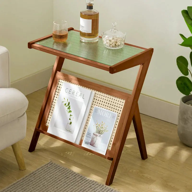 Table d'appoint et table basse en bambou naturel/marron/noir avec plateau en verre et porte-revues
