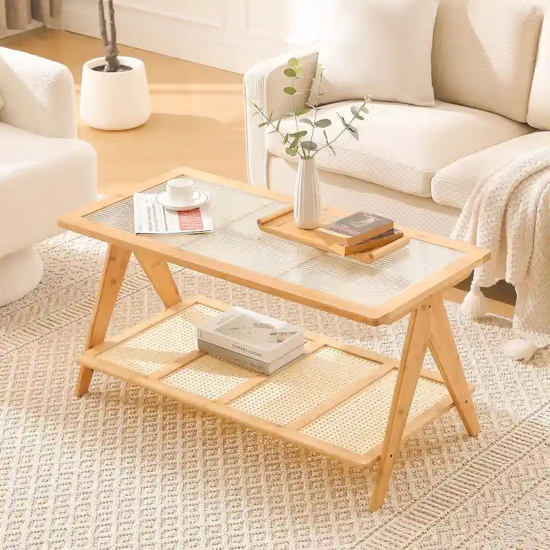 Table d'appoint et table basse en bambou naturel/marron/noir avec plateau en verre et porte-revues