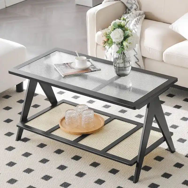 Table d'appoint et table basse en bambou naturel/marron/noir avec plateau en verre et porte-revues