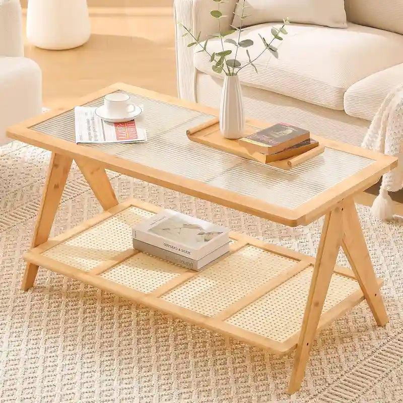 Table d'appoint et table basse en bambou naturel/marron/noir avec plateau en verre et porte-revues