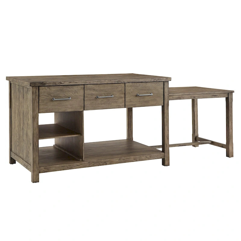 Îlot de cuisine extensible aspect récupéré avec 3 tiroirs – Chêne / Marron / Gris