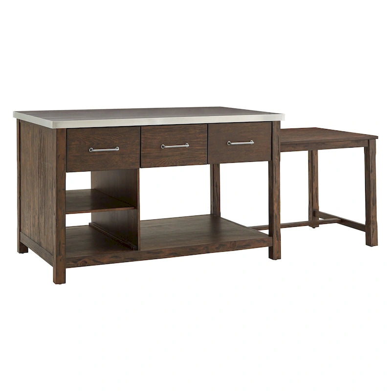 Îlot de cuisine extensible aspect récupéré avec 3 tiroirs – Chêne / Marron / Gris