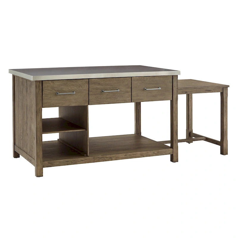 Îlot de cuisine extensible aspect récupéré avec 3 tiroirs – Chêne / Marron / Gris