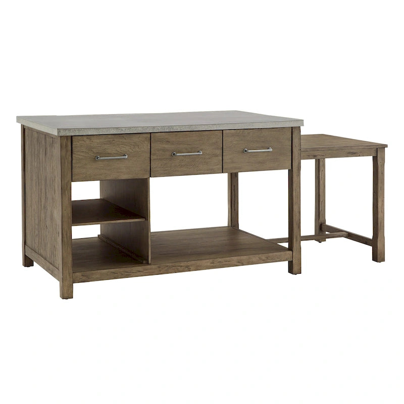 Îlot de cuisine extensible aspect récupéré avec 3 tiroirs – Chêne / Marron / Gris