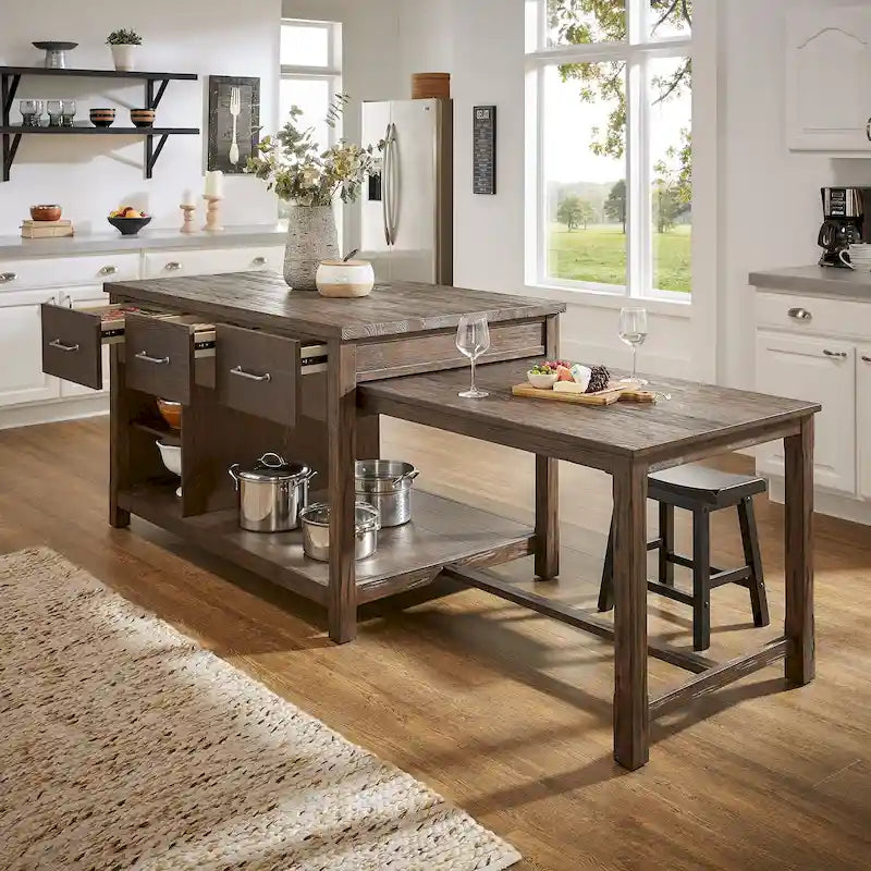 Îlot de cuisine extensible aspect récupéré avec 3 tiroirs – Chêne / Marron / Gris