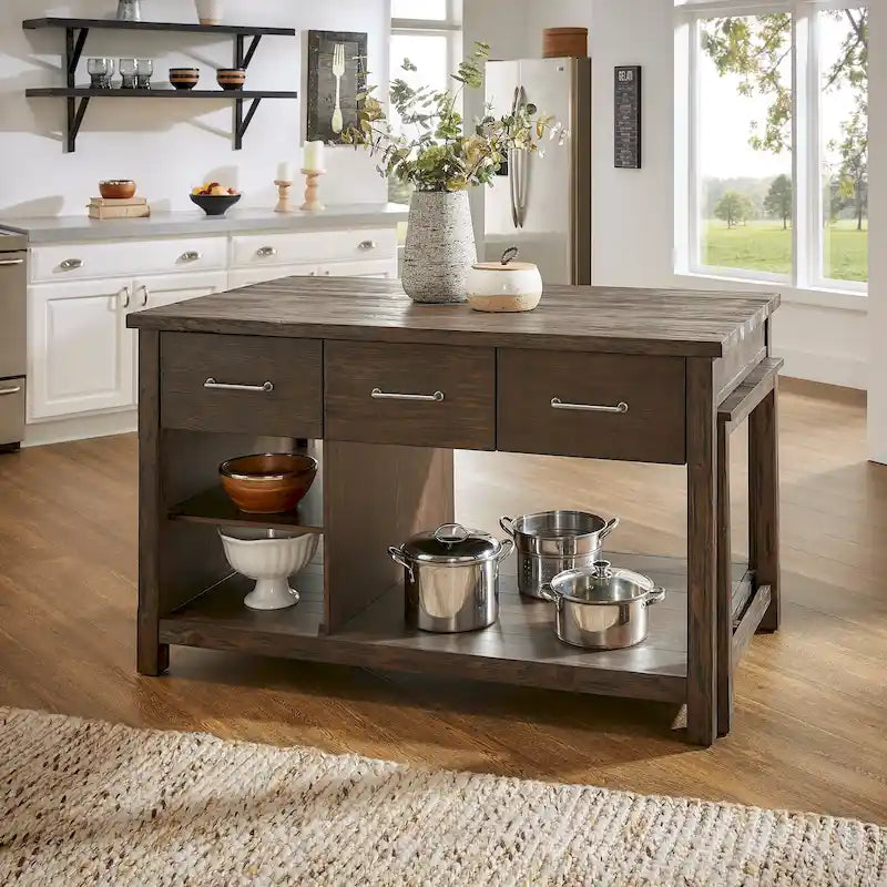 Îlot de cuisine extensible aspect récupéré avec 3 tiroirs – Chêne / Marron / Gris