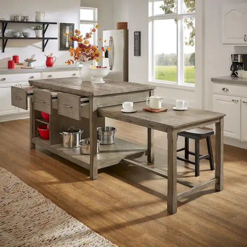 Îlot de cuisine extensible aspect récupéré avec 3 tiroirs – Chêne / Marron / Gris