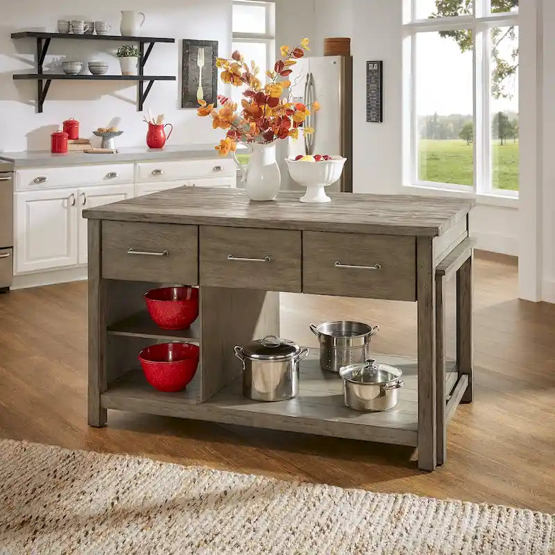 Îlot de cuisine extensible aspect récupéré avec 3 tiroirs – Chêne / Marron / Gris